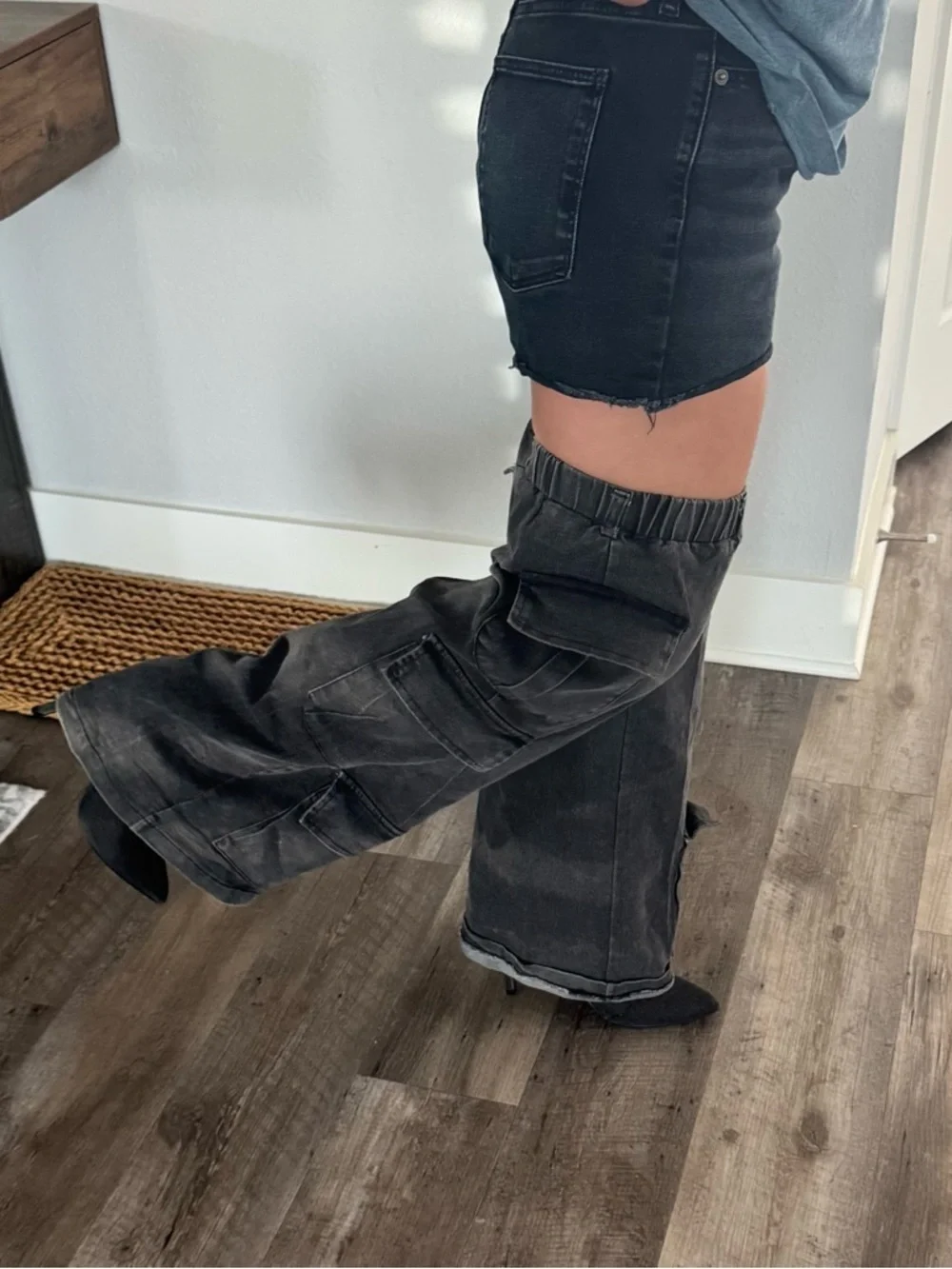 SCANDALOUS OVER THE KNEE STILETTO CARGO BOOT IN Charcoal DENIM